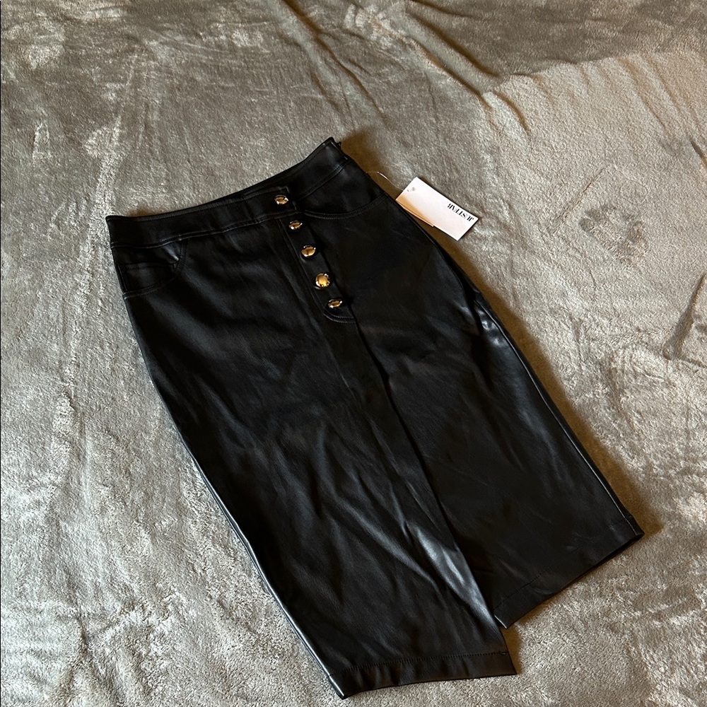 JustFab Black VEGAN LEATHER Asymmetrical Skirt with Button Detail